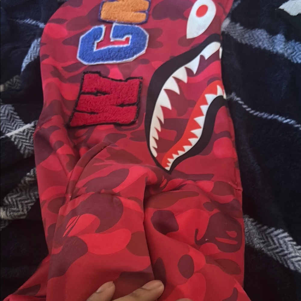 Bape Red Sweater with Shark Mouth and Camouflage Pattern